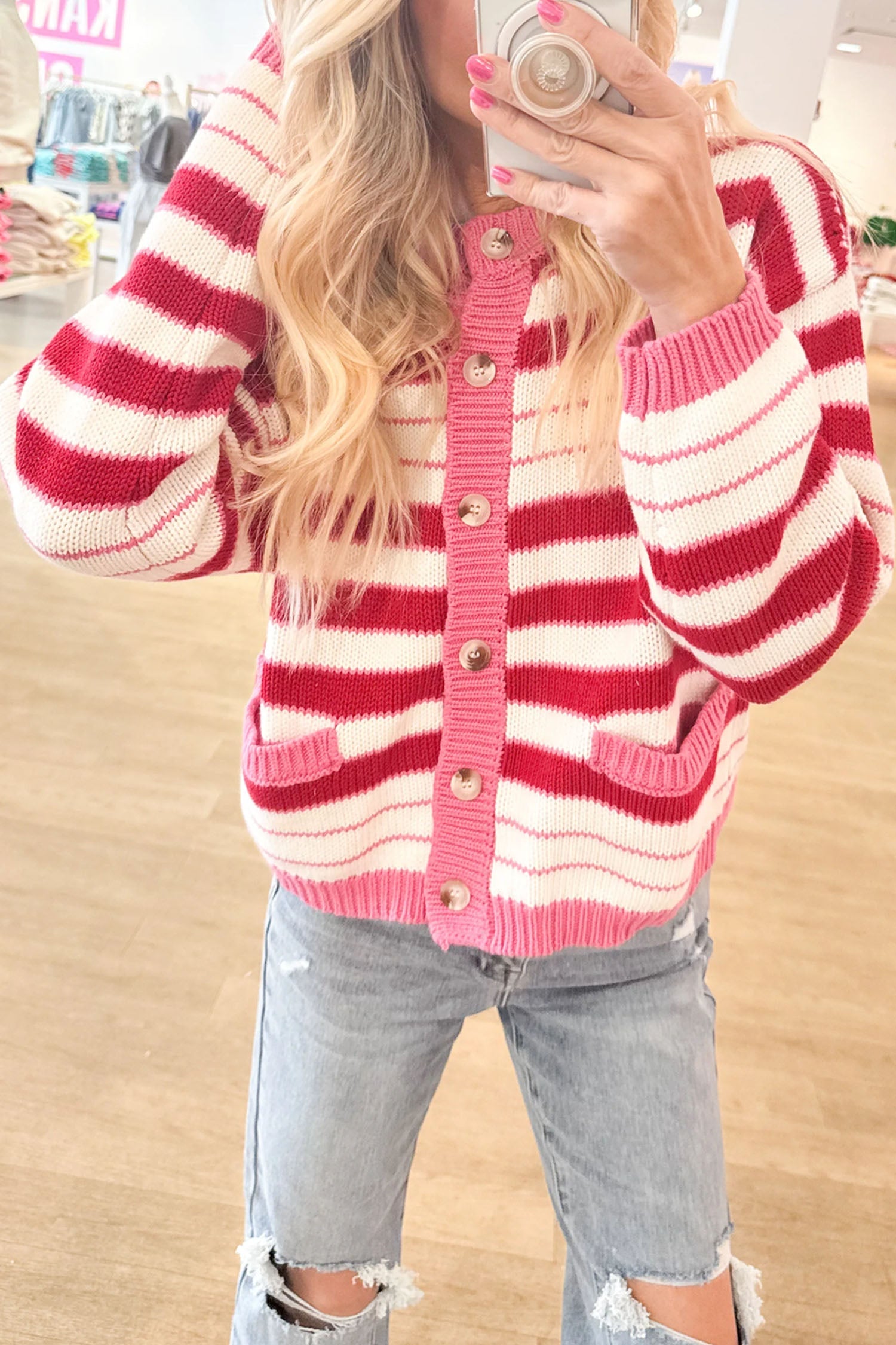 Long-Sleeved Stripe V-Neck Timeless Fit Cardigan in Red