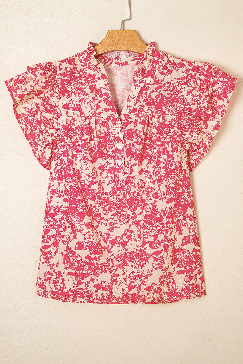 Half Allover Printed Button Neck Ruffle Sleeve Blouse