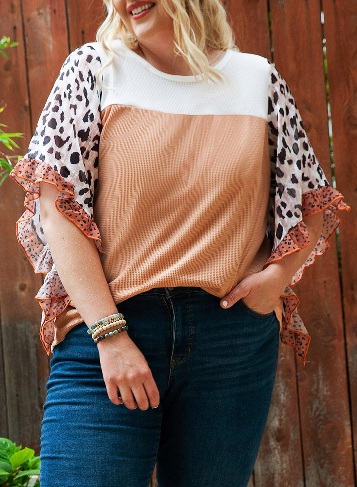 Top for Women Ruffle-Trimmed Plus Size Waffle Knitted