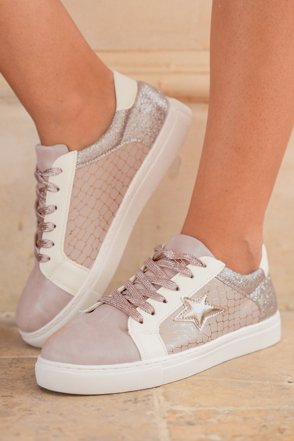 Star Patchwork Glitter Patchwork PU Leather Lace-up Sneakers