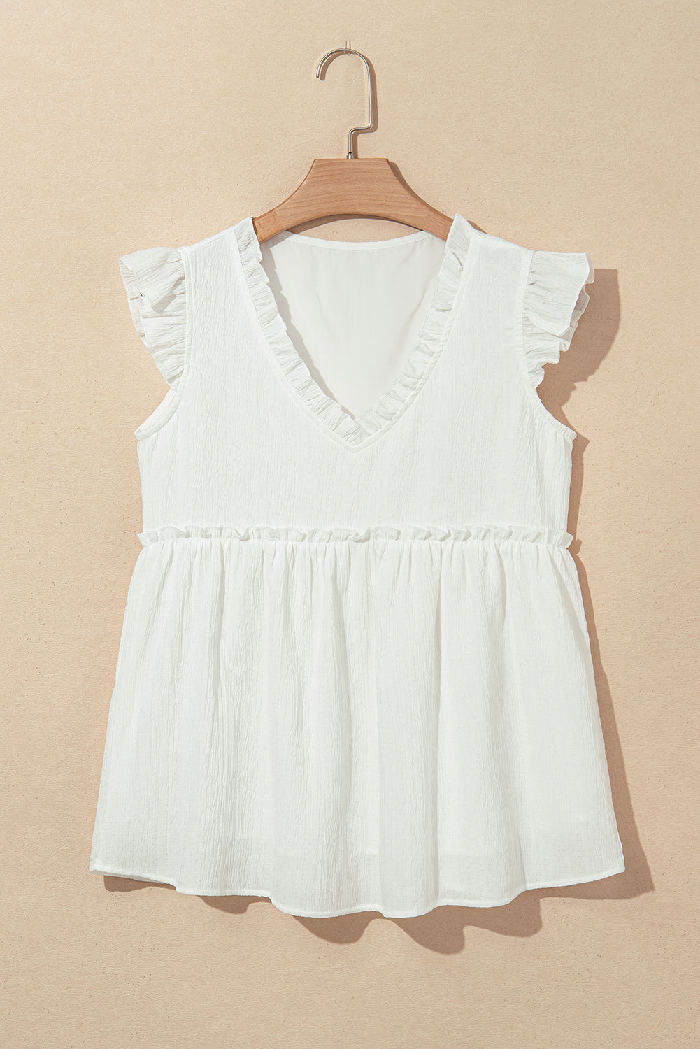 Textured V-Neck Ruffled Trim Flutter Flowy Top