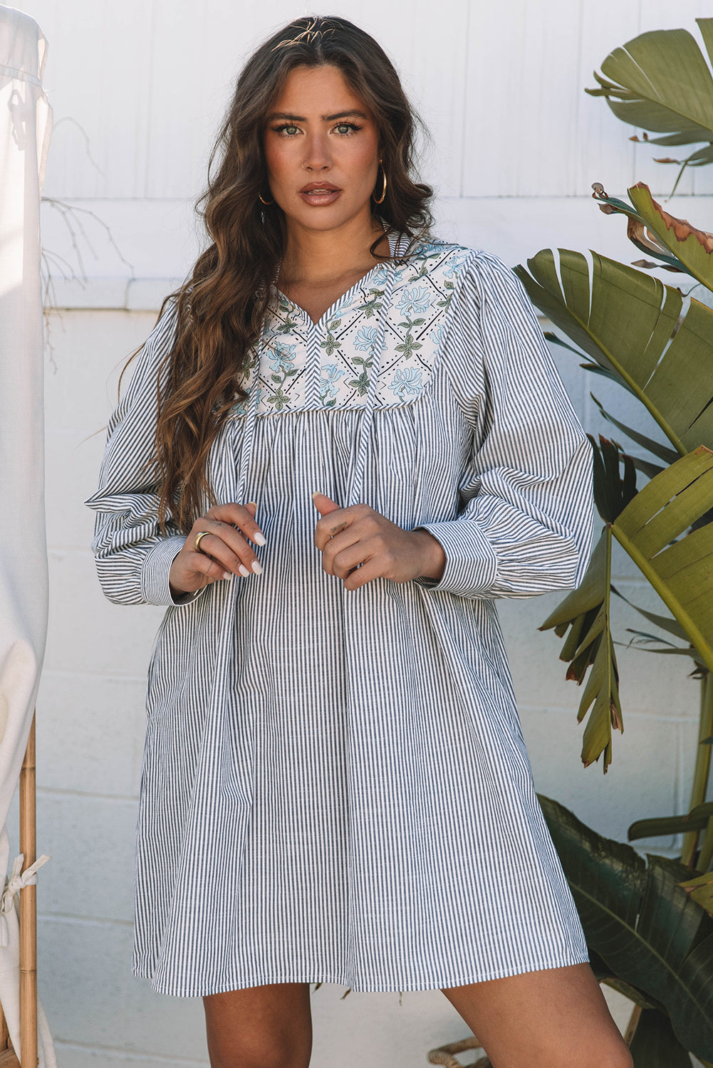 Black Stripe Floral Patchwork Shift Long Sleeve Mini Dress