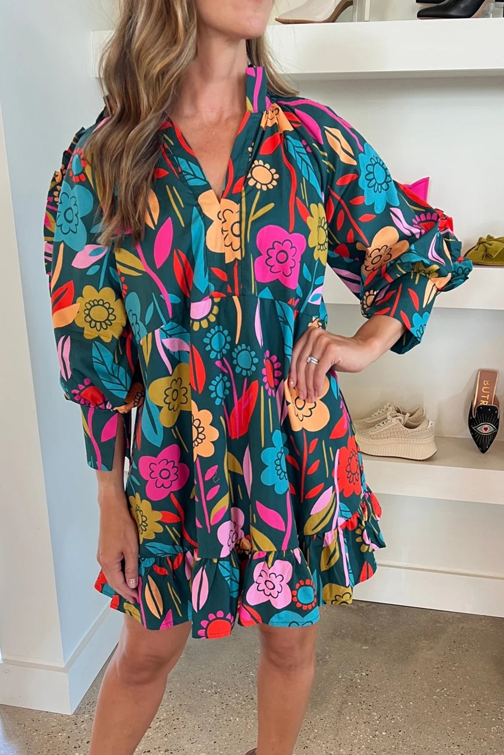 Women's Balloon Sleeve Ruffle-Trimmed Mini Floral-Print Print Dresses