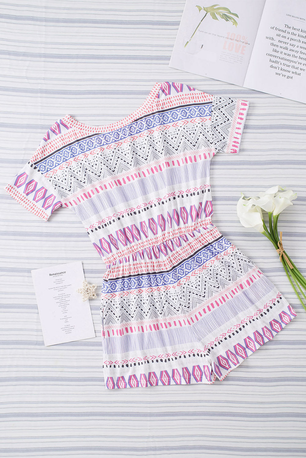 Women's Romper Featuring Aztec-Pattern Short-Sleeve