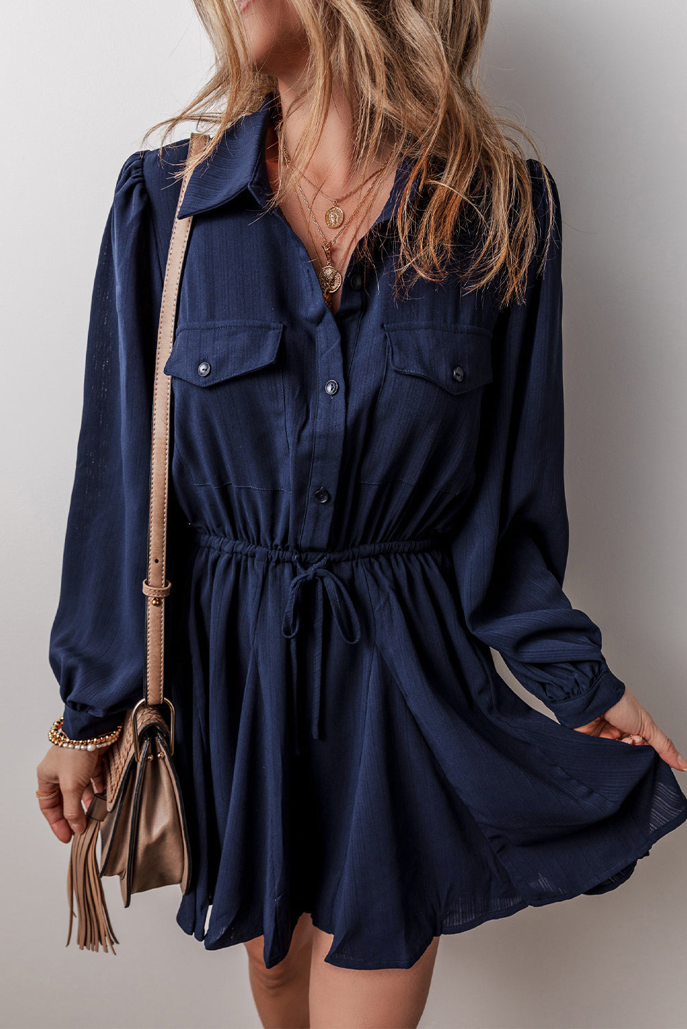 Women's Tunic Shirt Chest-Pocket Detail Mini Dress