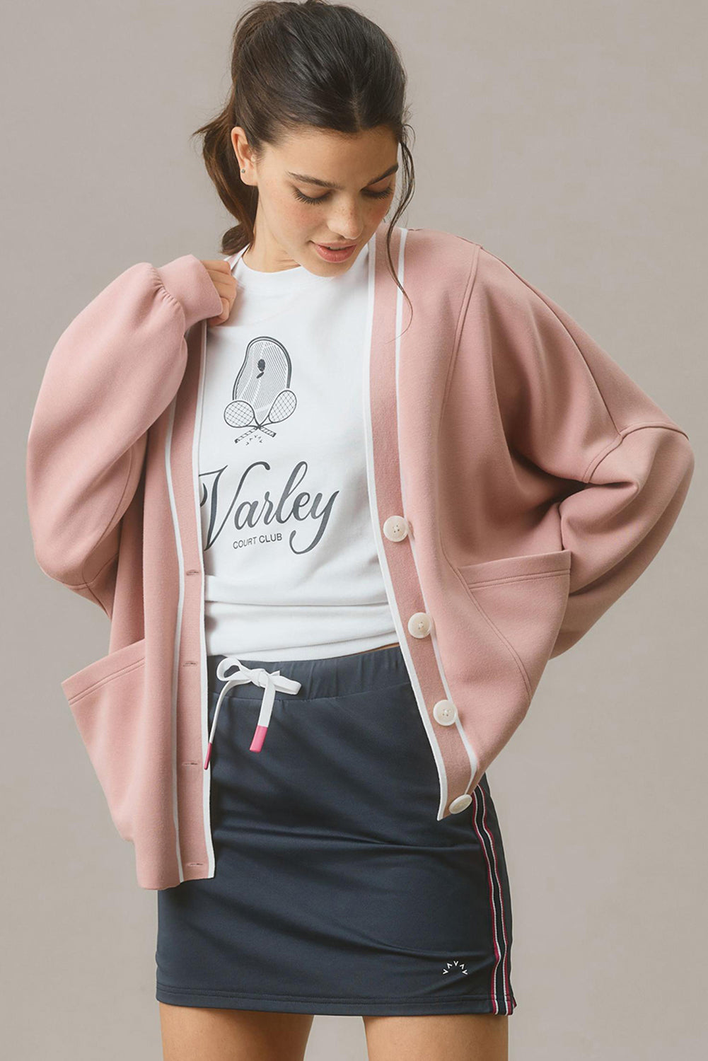 Stripe Contrast Trim Button-Front Pocket-Detail Knit Cardigan in Pink