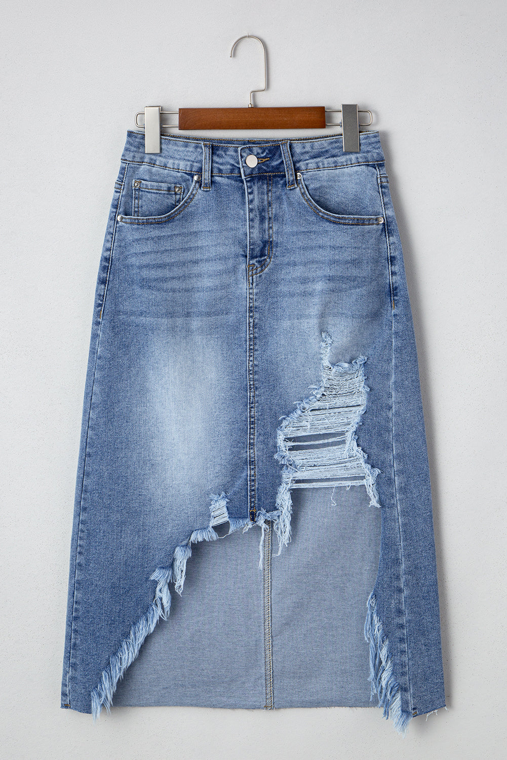Myosotis Irregular Dearlove Irregular Distressed Bottom Denim Midi Skirt