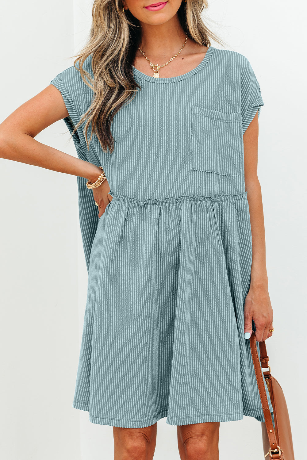 Knit Textured Corded Textured Patched Pocket Frilled Swing Mini Dress Featuring Pockets
