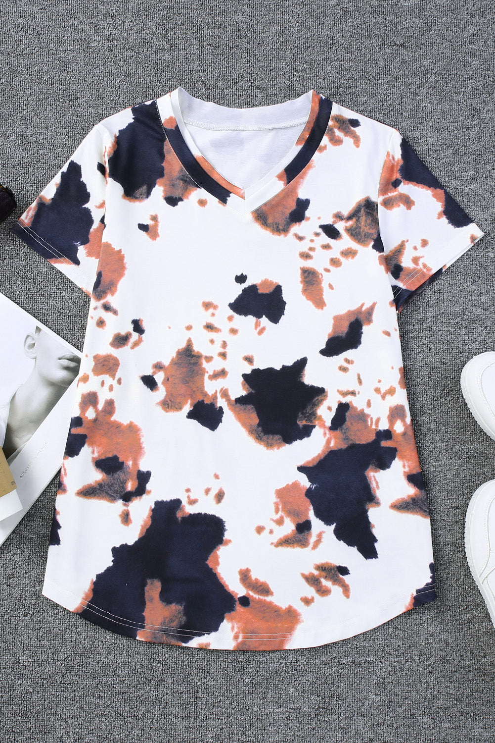 Women's T Shirt Featuring V Neck Cow Pattern