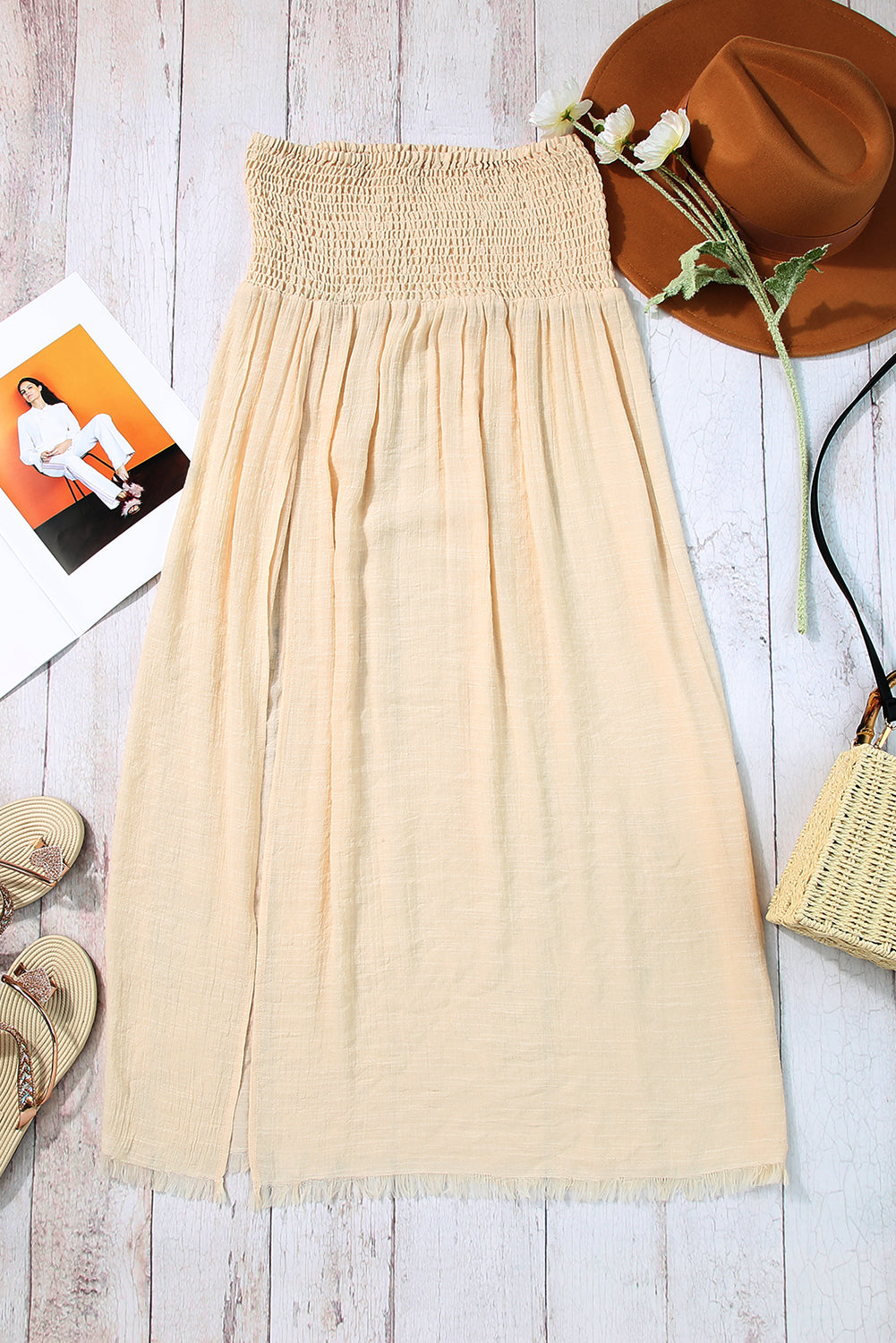 Split Shirred High-Waisted Long Beach Skirt in Beige