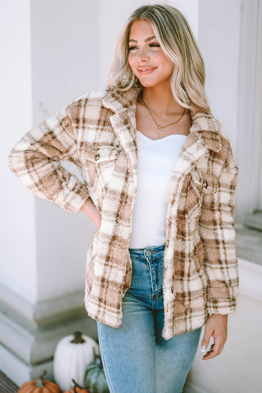 Women's Jacket with Sherpa Plaid Button
