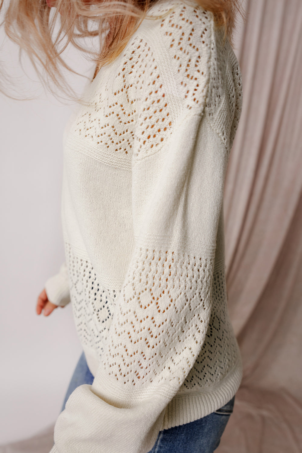 White Eyelet Pattern Detail V Neck Sweater