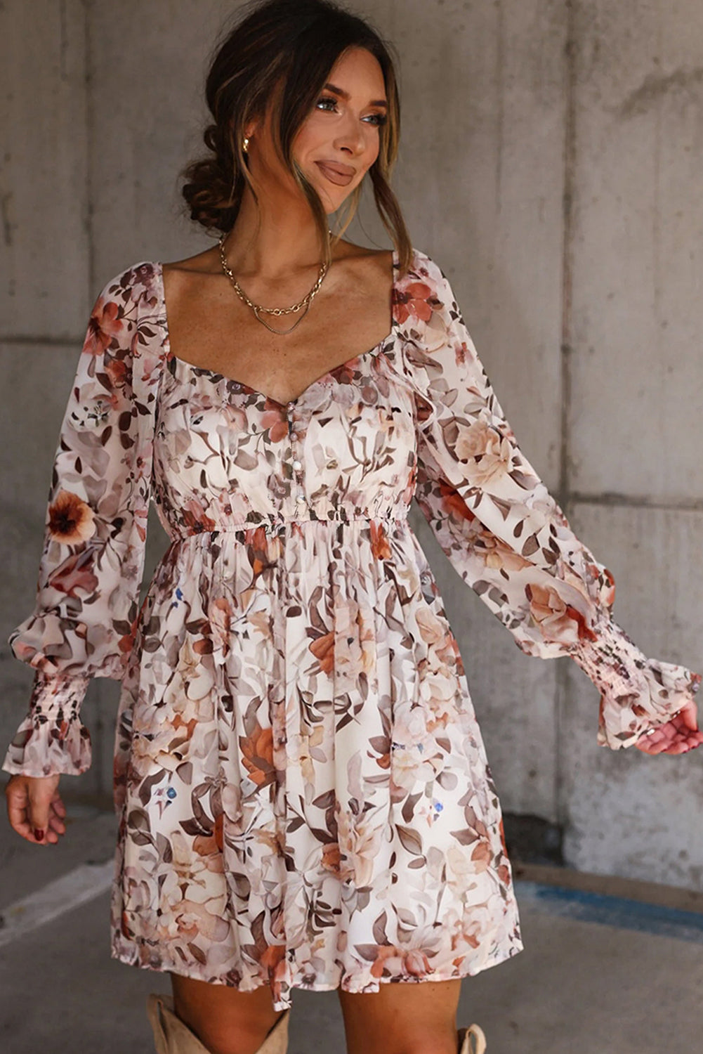 Sweetheart Neck Floral-Print Neck Long-Sleeved High-Waisted Mini Dress