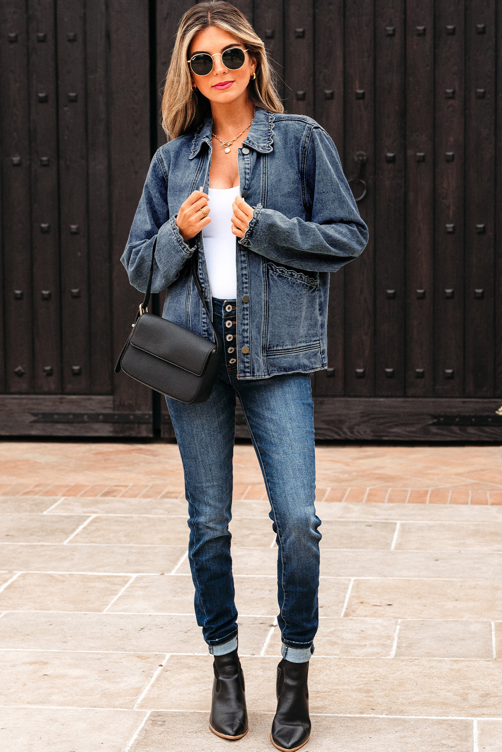 Collar Scallop Trim Patched Pocket Button-Front Denim Jacket