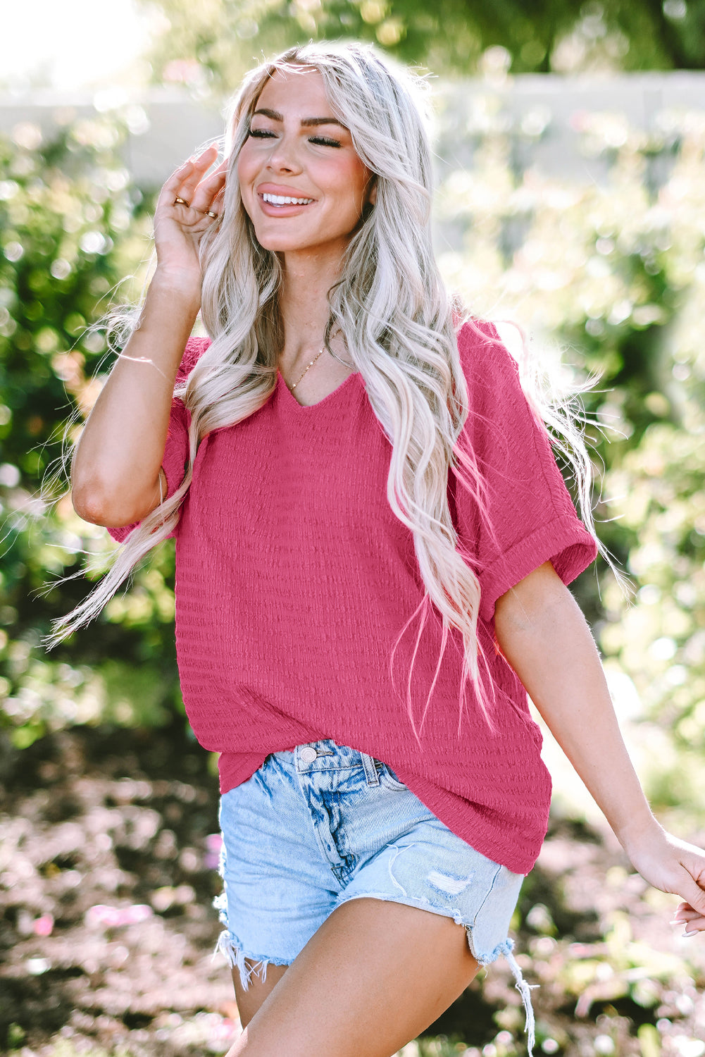 Women's Tee Featuring V Neck Textured Rolled Sleeve