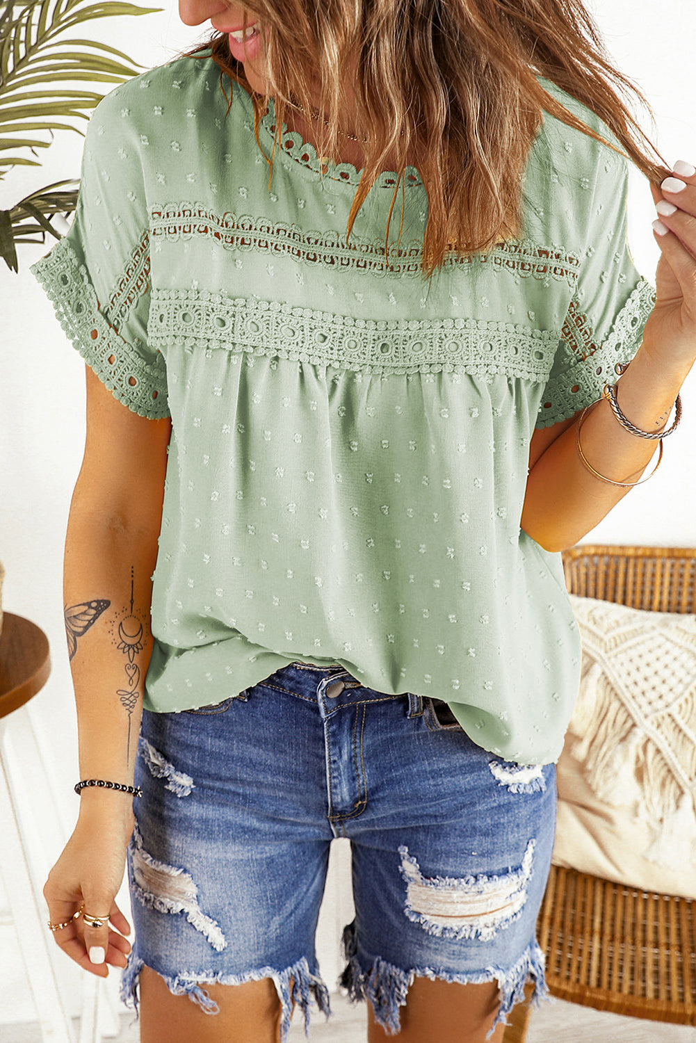 Dot Lace Swiss Lace Splicing Short-Sleeved Top