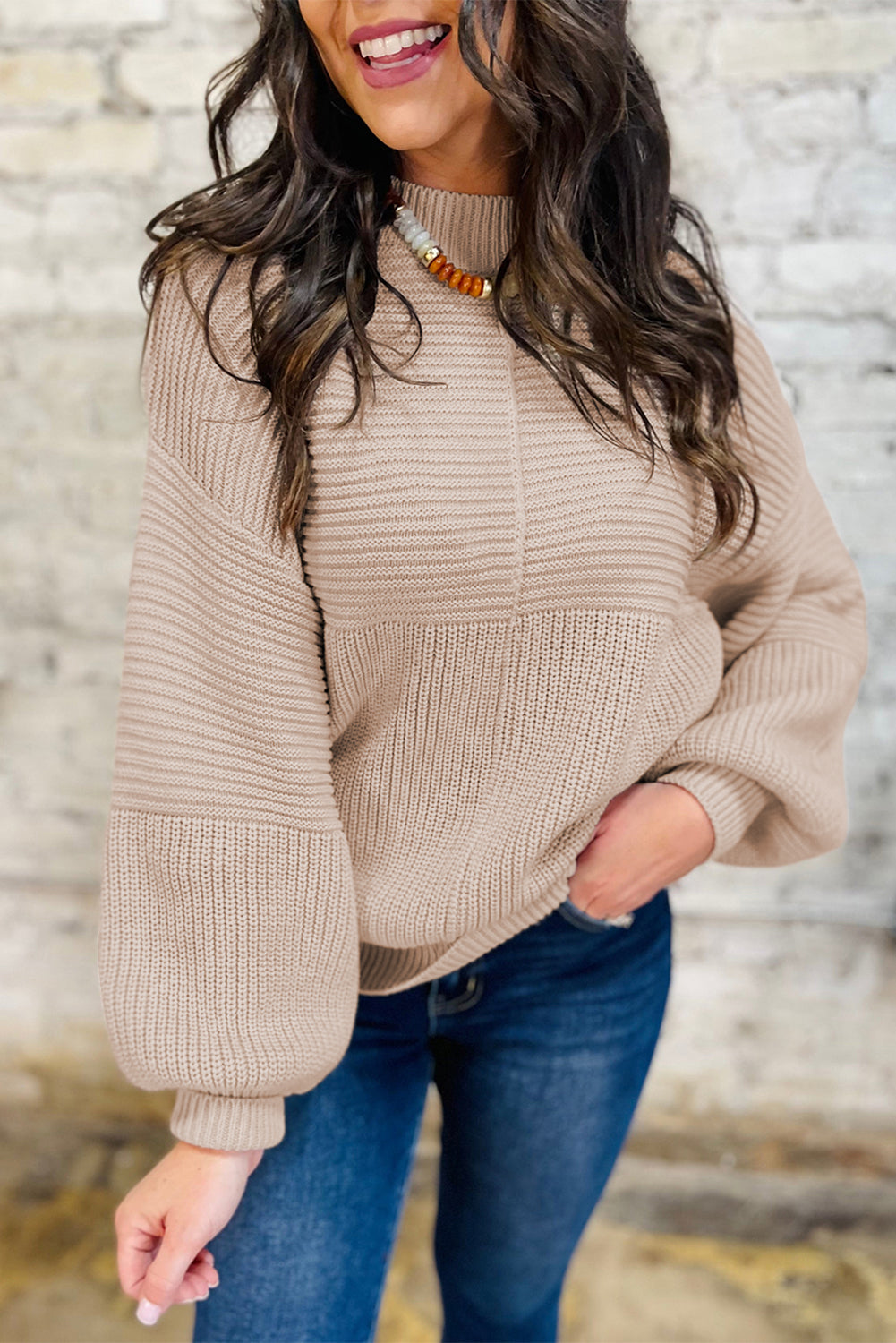 Texture Patchwork Mixed Patchwork Knit Puff Sleeve Knit Top