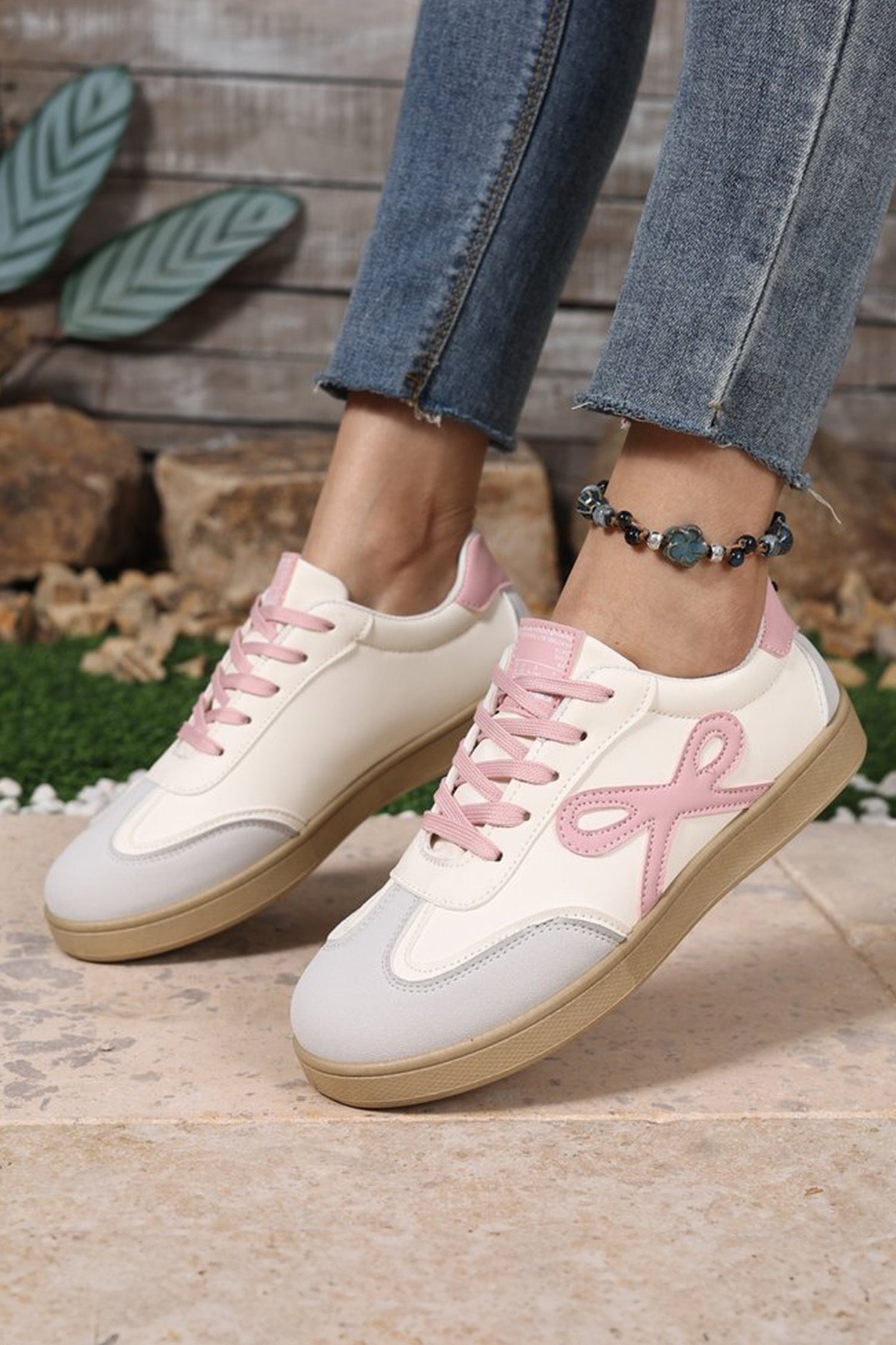 Pink Bow Cute Bow Patch Colorblock PU Leather Sneakers
