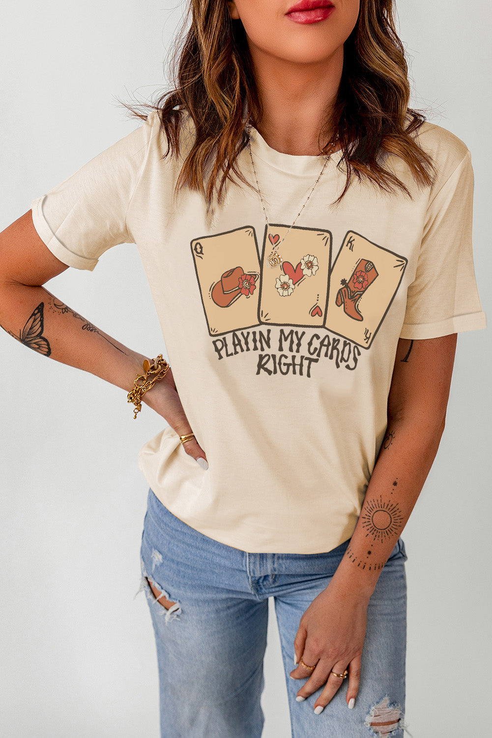 Women's Western PLAYING MY CARDS RIGHT Graphic-Print T Shirt