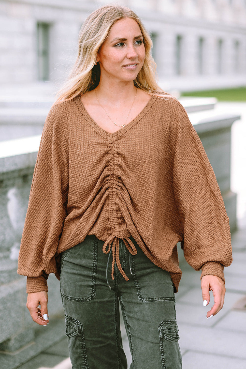 Knit Top for Women Drawcord Waffle V Neck