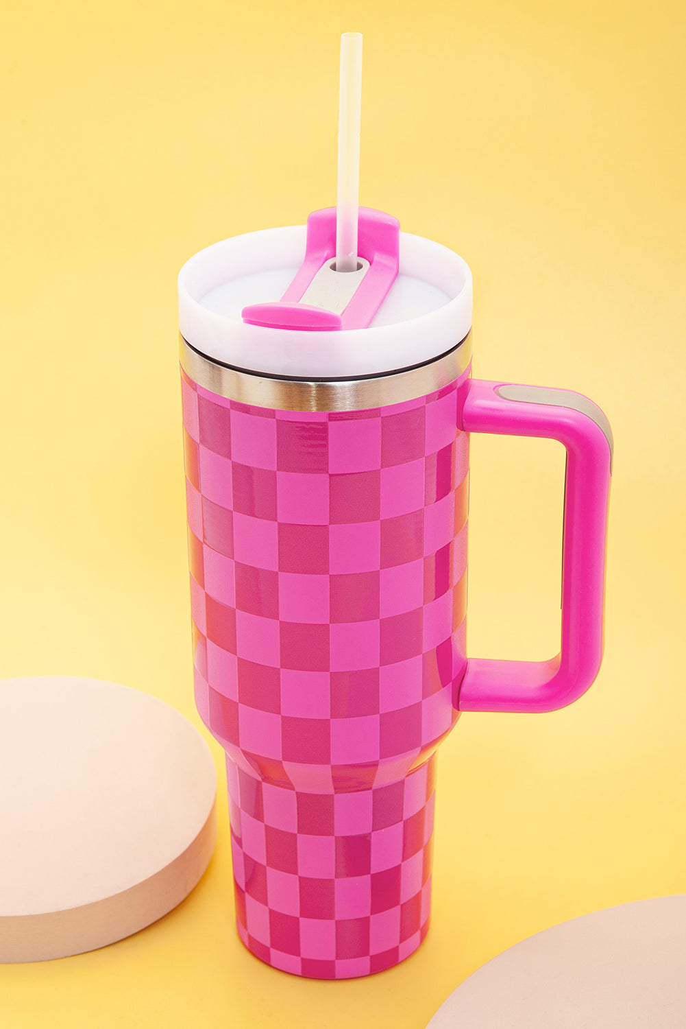 Handled Checkered Print Stainless Steel Tumbler Cup 40oz