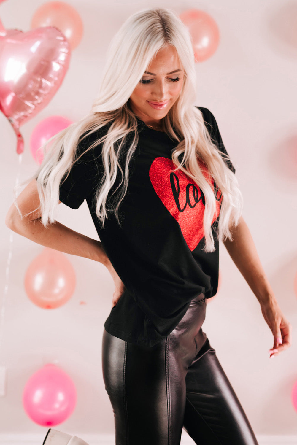 T Shirt for Women Print Love Heart Shaped Glitter