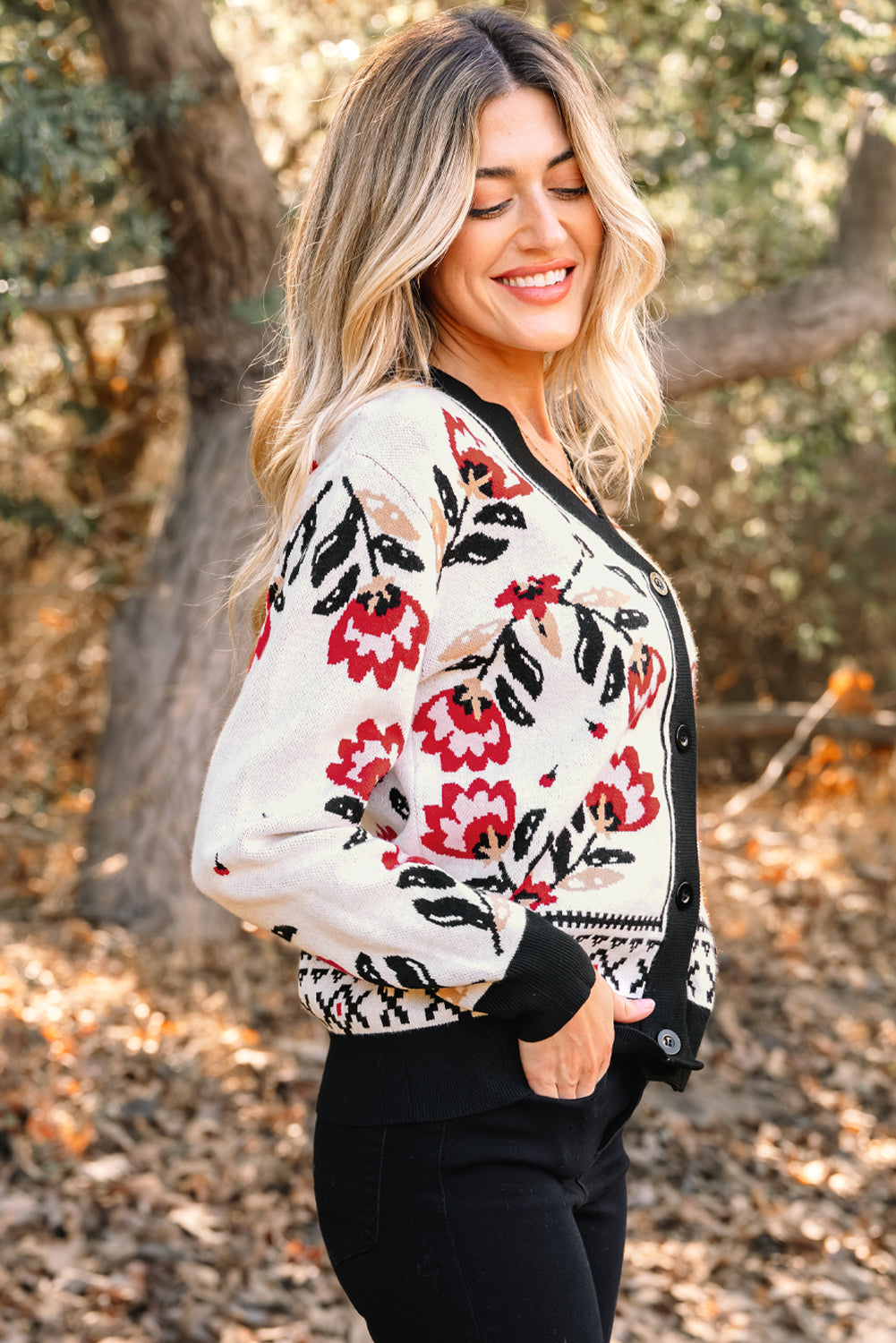 Floral-Print Button-Front V-Neck Knit Cardigan