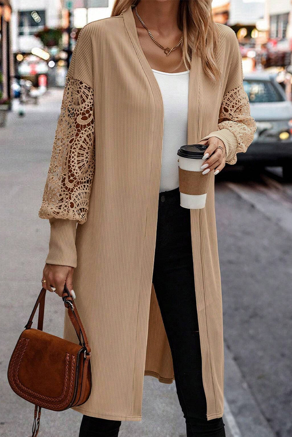 Rib-Knit Lace Patchwork Knit Open-Front Duster Cardigan in Parchment