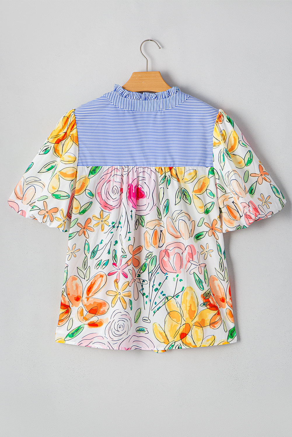 Floral Print Striped Yoke Frilled V Neck Blouse
