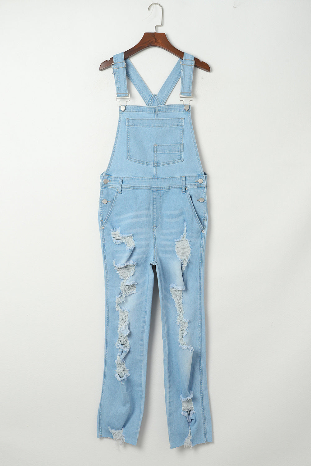 Women's Overalls Featuring Constructed Bib Pocket Distressed Denim