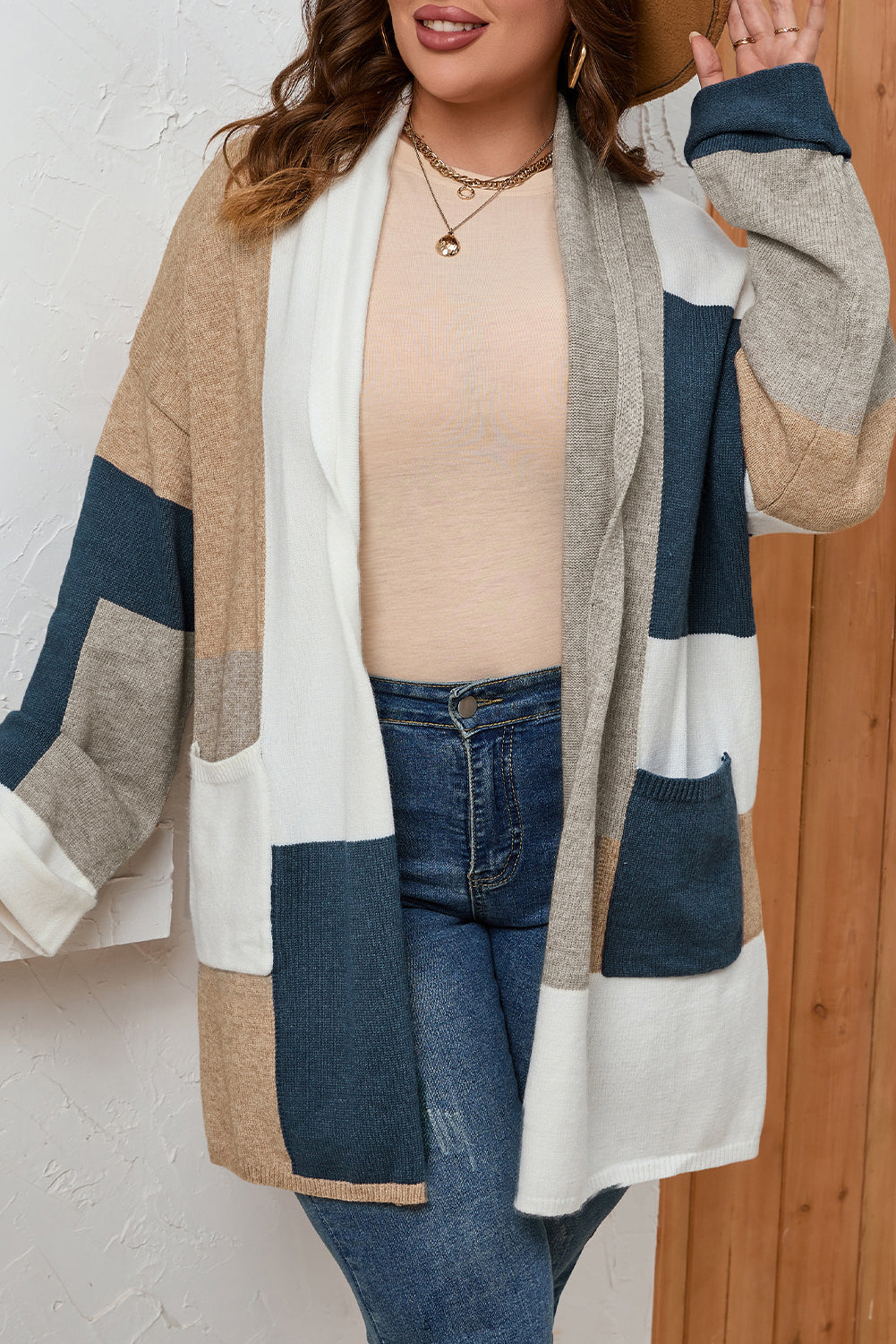 Women's Knit Cardigan with Color-Block Plus Size