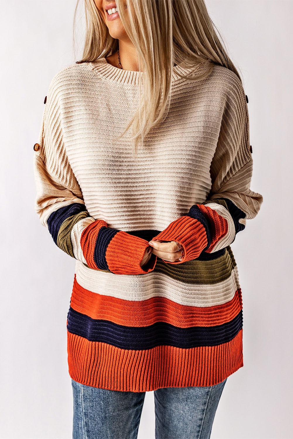 Women's Sweater Featuring Dropped-Shoulder Striped