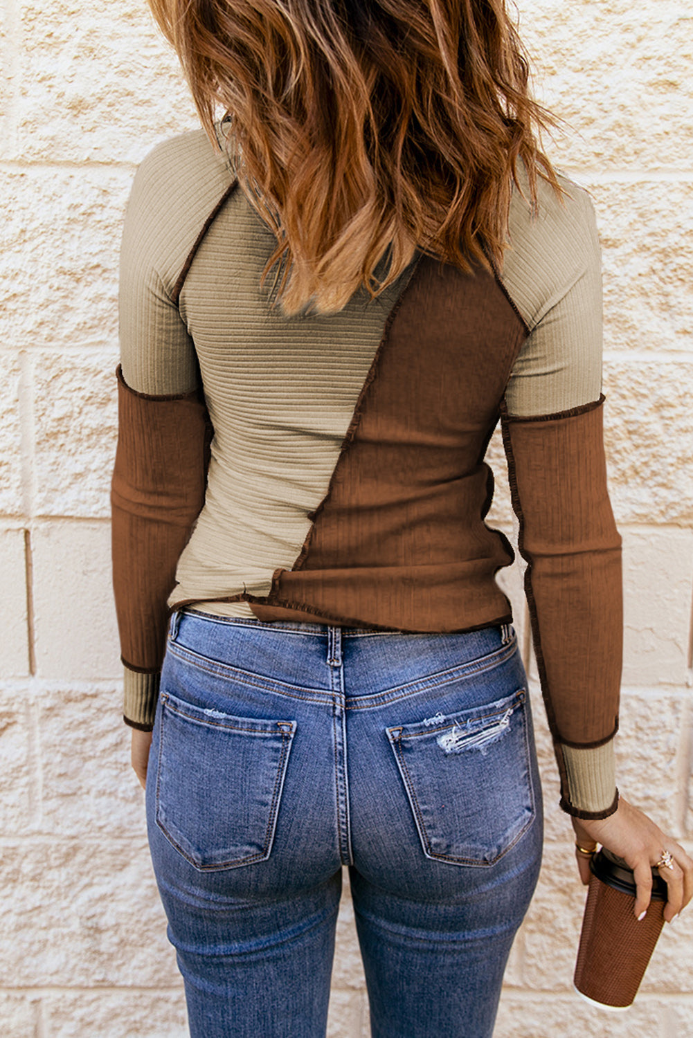 Seaming Irregular Colorblock Trim Rib-Knit Top Style