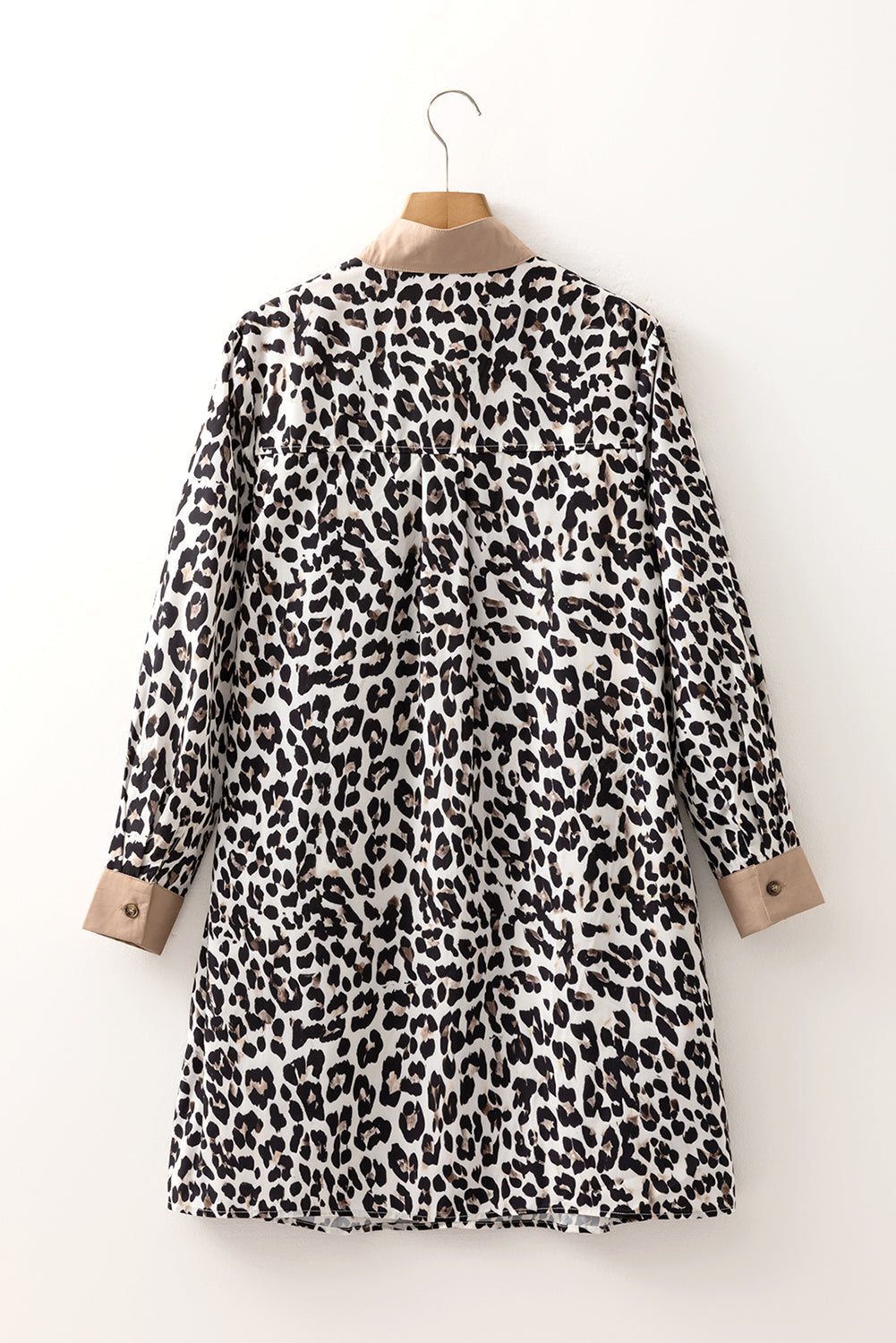 Button Leopard-Print Striped Collar Long-Sleeved Flared Dress