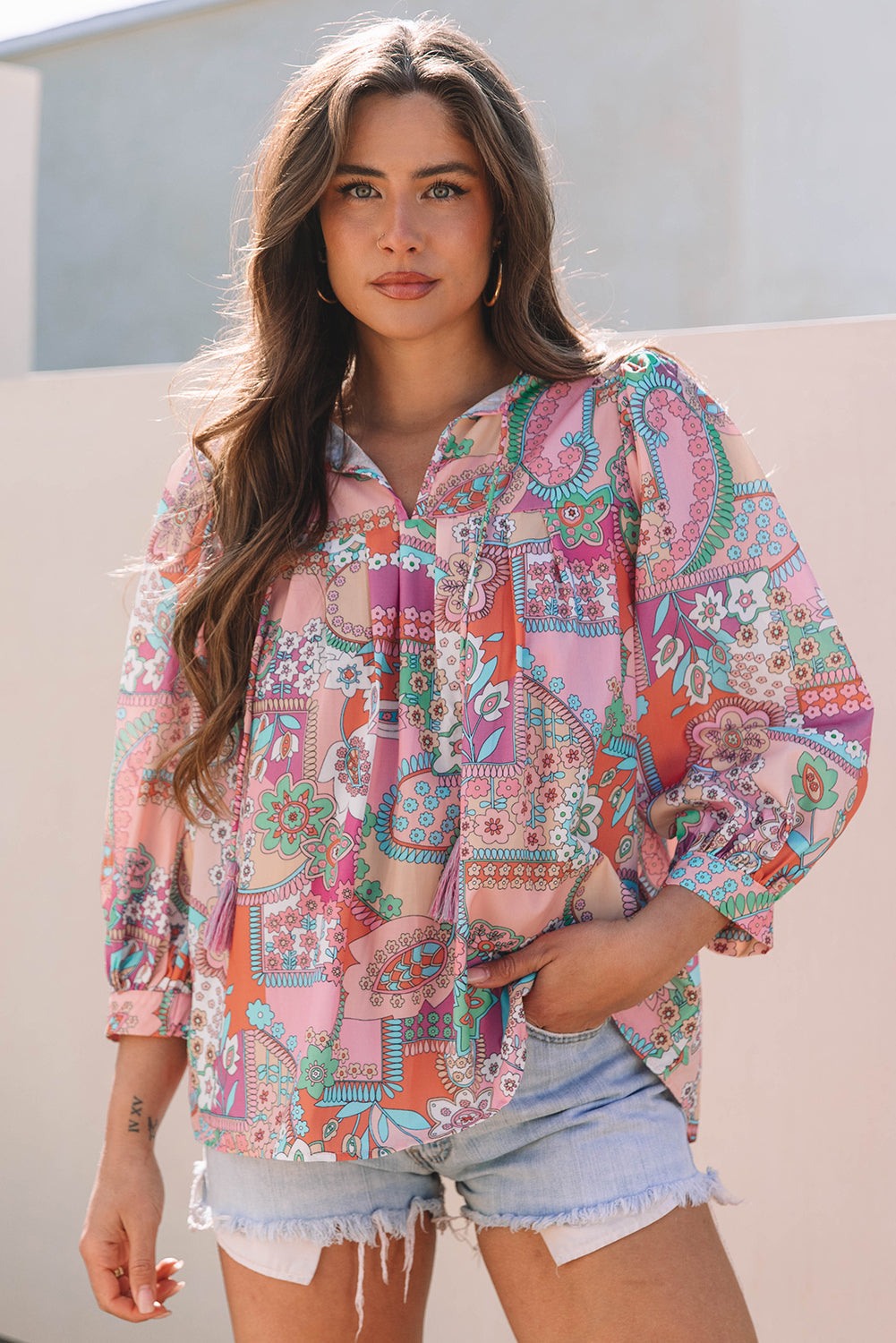 Floral Bubble Boho Bubble Sleeve Tassel Tied Neck Pleated Blouse