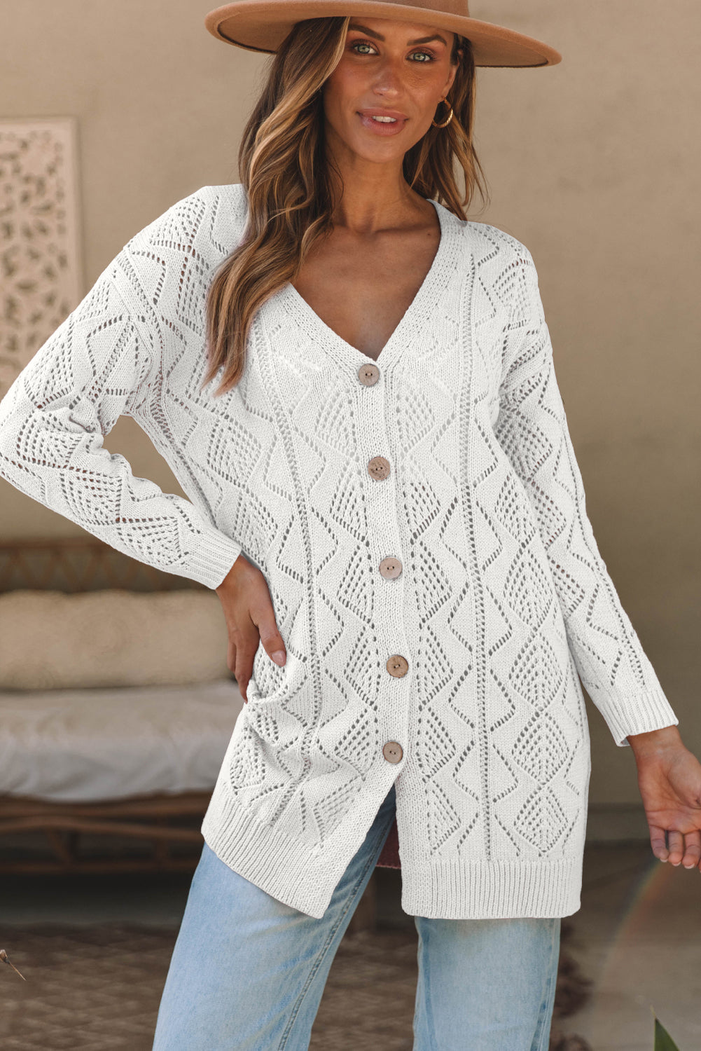 Openwork Knit Hollow-out Knit Cardigan in White