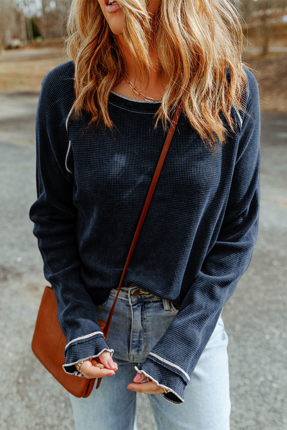 Women's Top with Textured Round Neck Long-Sleeve