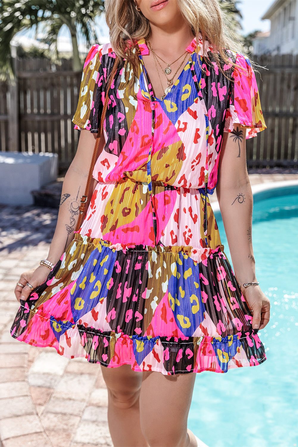 Women's Layered Ruffle-Trimmed Short-Sleeve Mini Dress