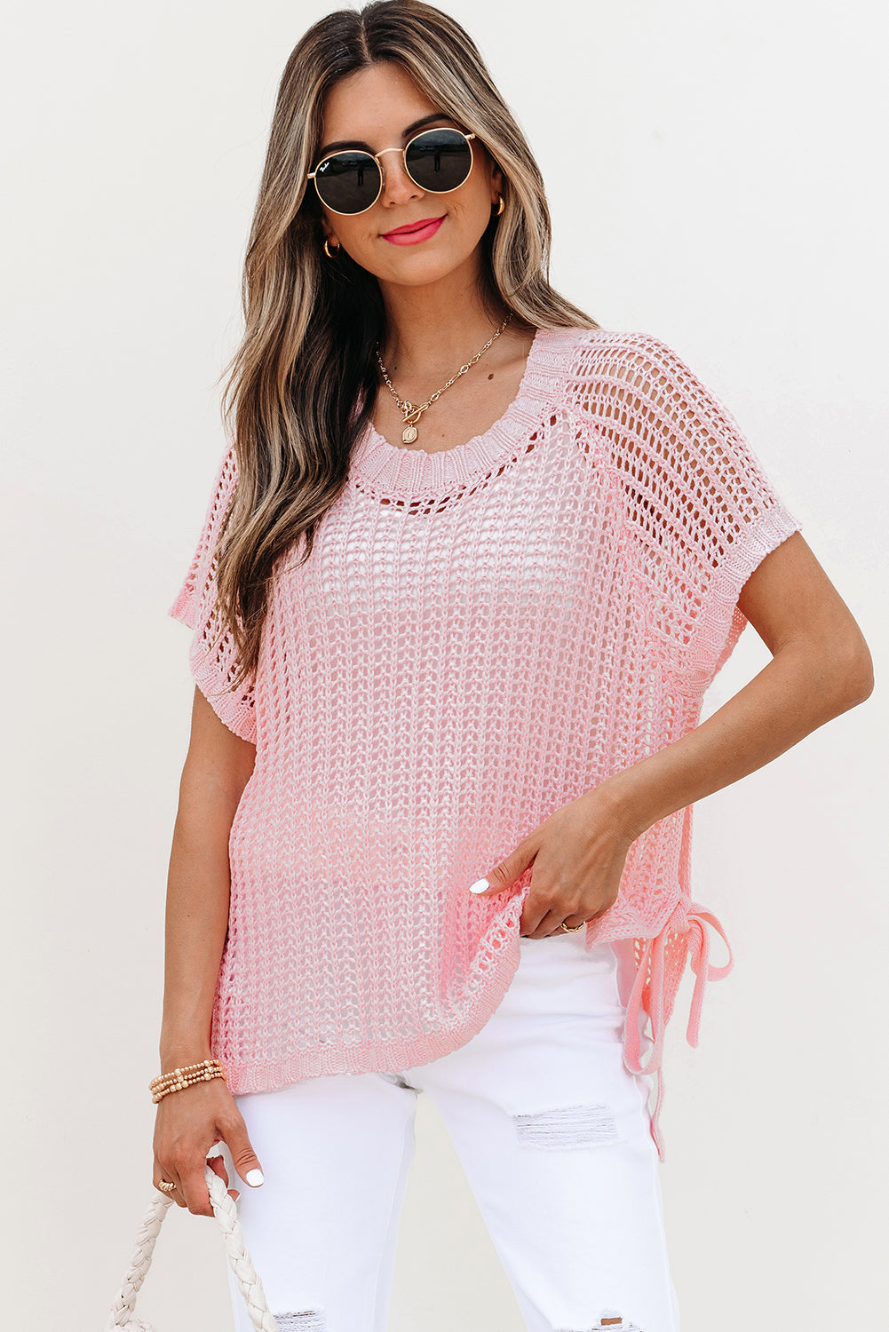 Crochet Side Hollow-out Side Tied Short-Sleeved Knit Top