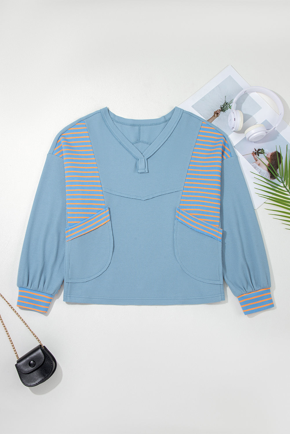Seam Waffle Exposed Waffle Striped Patchwork Baggy Pullover in Blue