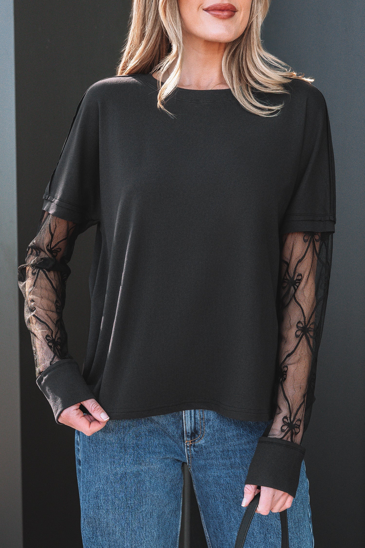 Bow Textured Patchwork Long-Sleeved Tee