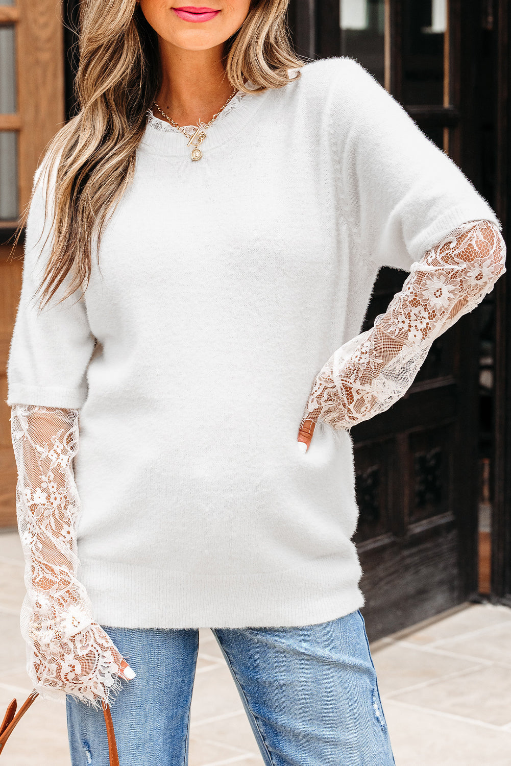 Lace Faux Sleeve Patchwork Two-piece Fuzzy Knit Top in White
