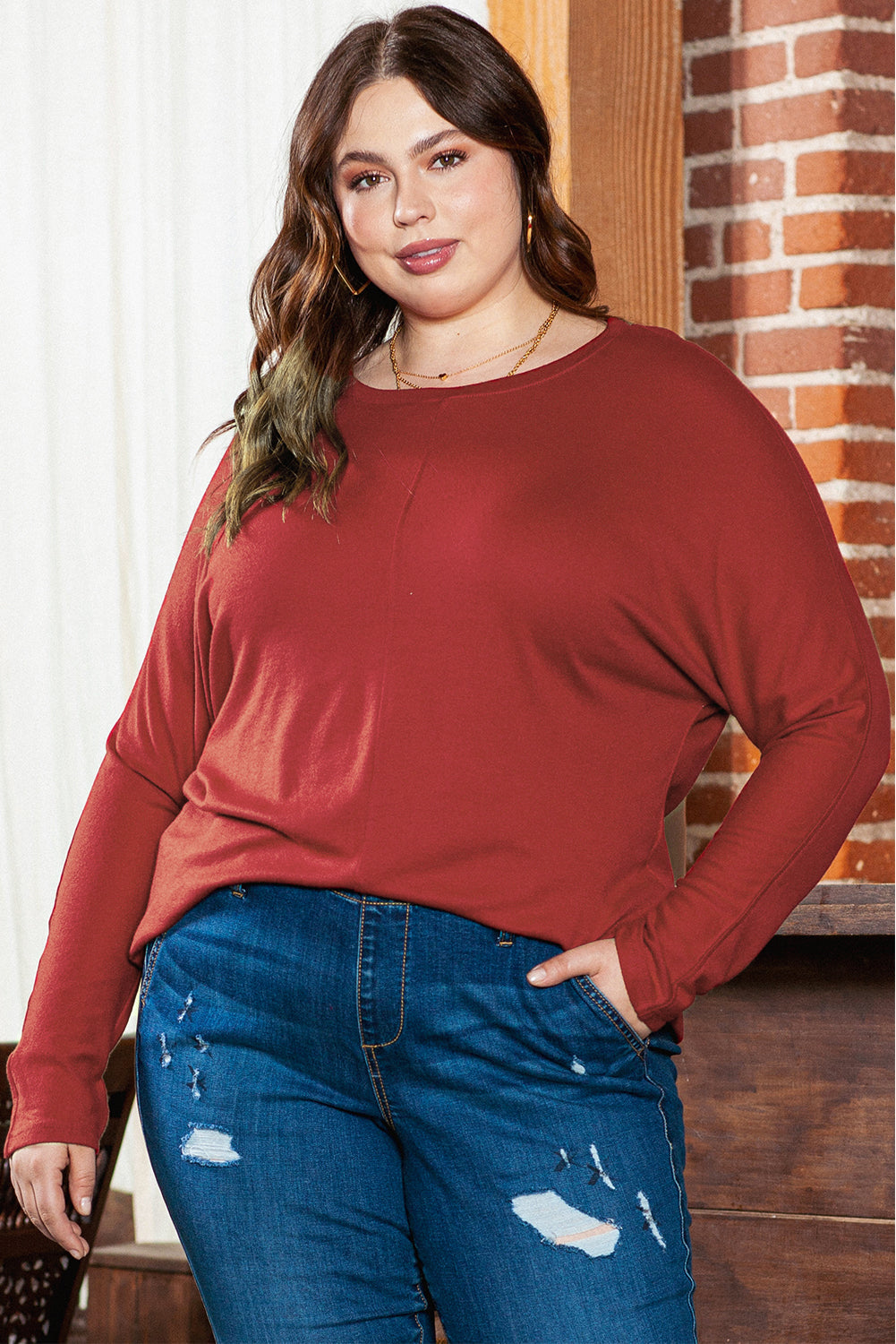 Women's Top Featuring Piping Detail Plus Size Long-Sleeve