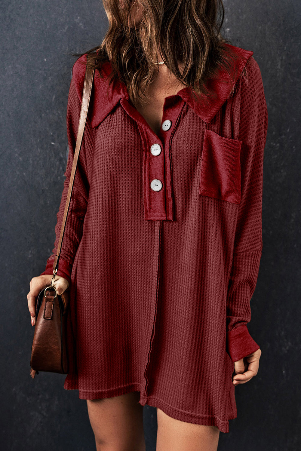 Top for Women Waffle Knitted Long-Sleeve