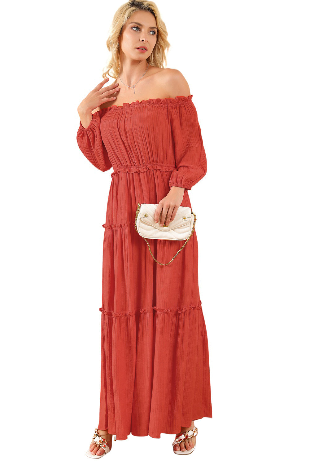 Women's Maxi Dress with Balloon Ruffle-Trimmed Off Shoulder