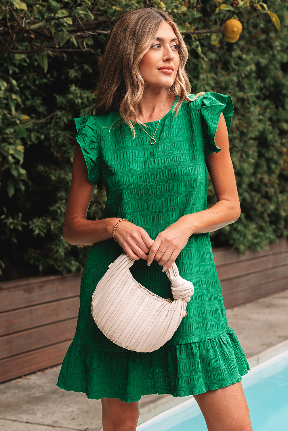 Textured Flutter Sleeve Ruffled Mini Dress in Green