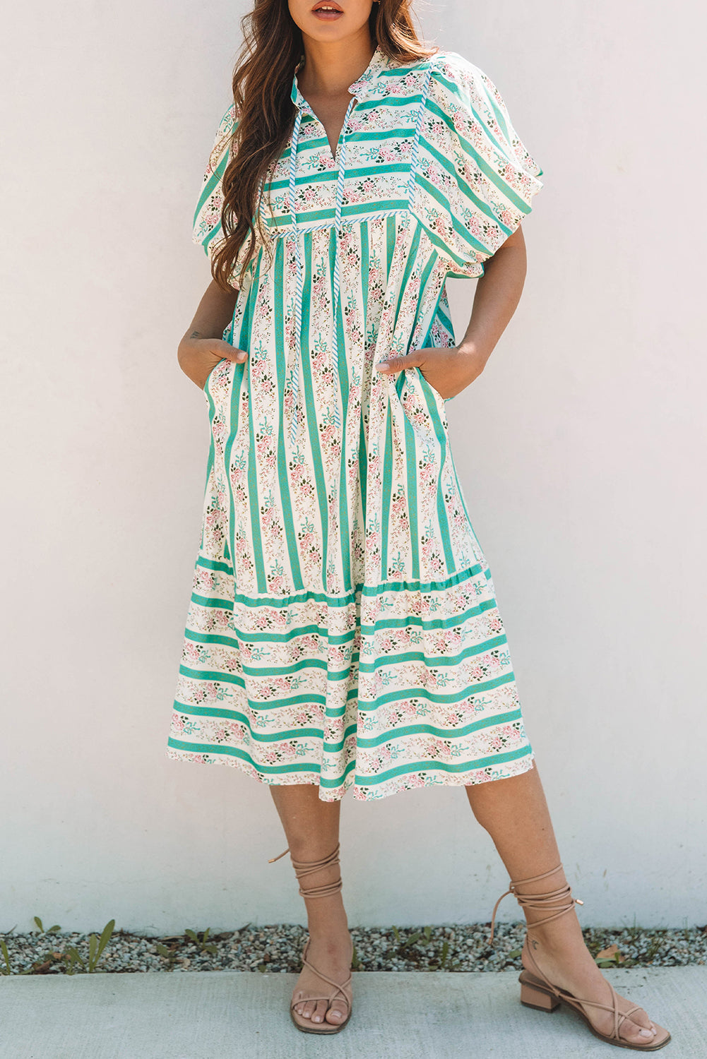 Striped Floral Print Tie Split Neck Puff Sleeve Midi Dress