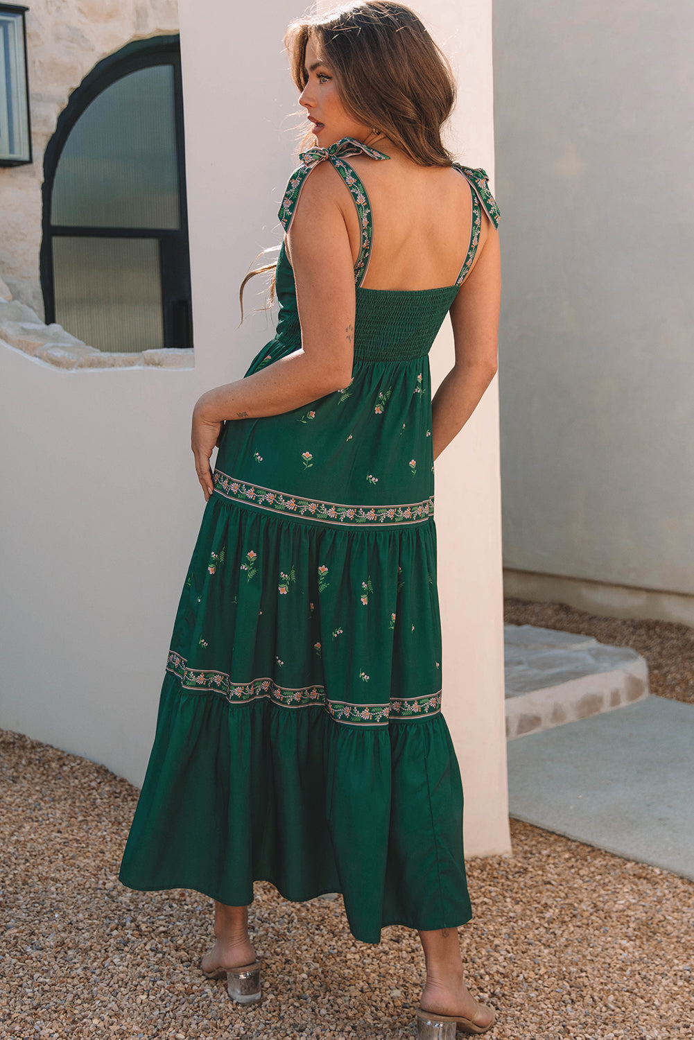 Floral Smocked Back Tied Straps Tiered Maxi Dress