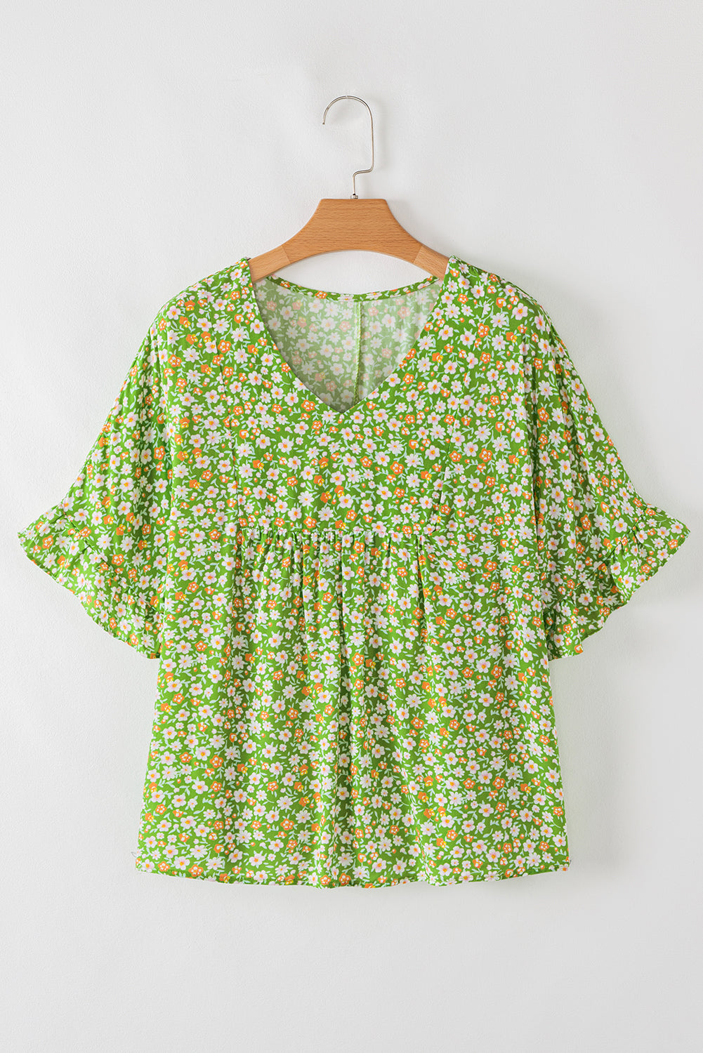 Floral-Print V-Neck Ruffle Sleeve Blouse Top