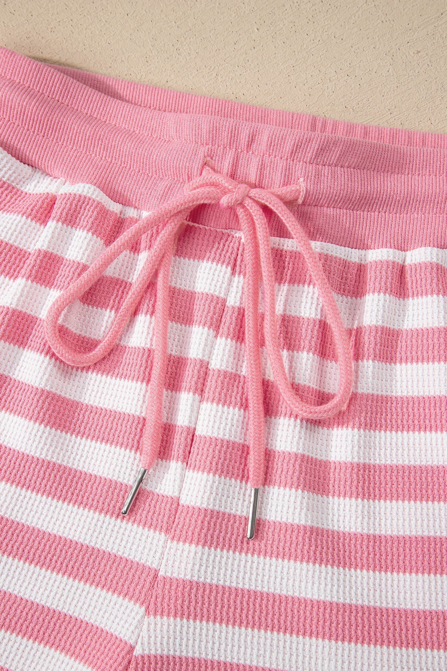 Short-Sleeved Stripe Puff T Shirt Matching Shorts Set in Pink